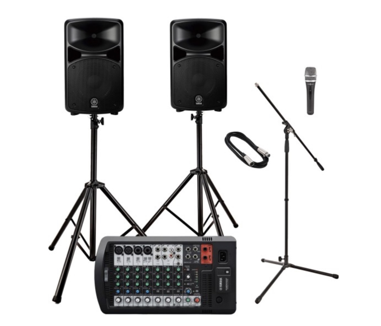 Shannon's Yamaha STAGEPAS 600BT PA system: two speakers on stands, a powered mixer, a microphone on a boom stand and cables